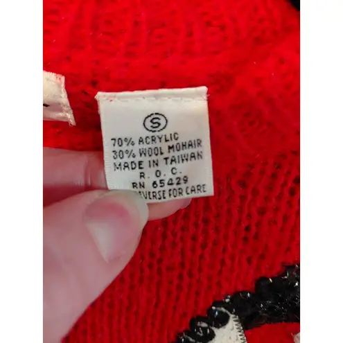 Vintage Le Club Red Wool Mohair Sequin Beaded Statement Sweater Size S White