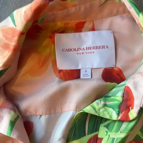 Carolina Herrera Shell Pink Tie Waist Floral Midi Shirt Dress