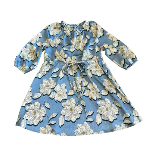 Draper James Kellie Babydoll Dress Blue Magnolia Print Satin Puff Sleeves Small