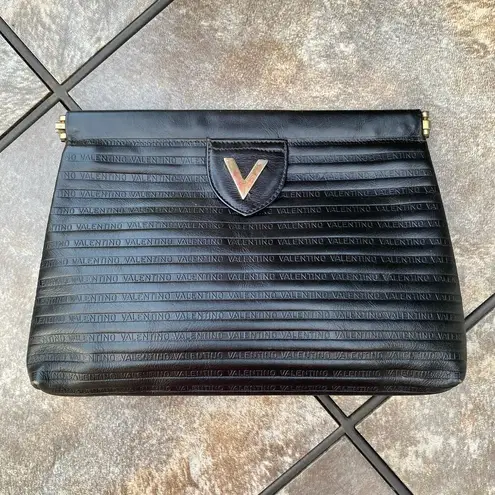 Mario Valentino Vintage Black Leather Stripe Clutch Bag