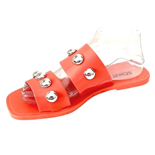 Schutz Nordstrom Lizzie Slides Sandal 9 Silver Studded Open Toe Bright Orange