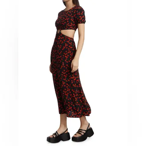STAUD NEW! Calypso Poppy Cut Out Black Red Midi Floral Print Dress Size L