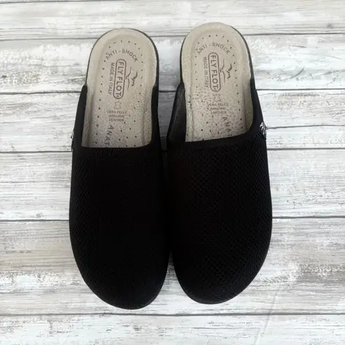 Fly Flot Slip On Clogs Sz 40/US 9 Black Mesh Leather Comfort Anti Shock Casual