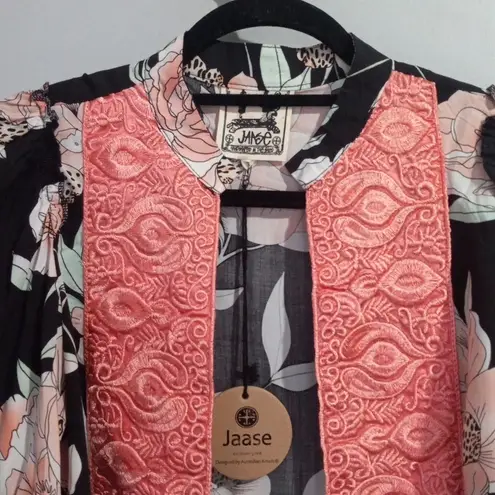 Jaase Pink and Black Floral Print Embroidered Open Front Kimono Top NWT