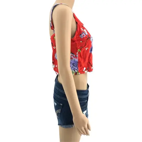 VINTAGE Y2K MEDIUM Red Floral Hawaiian Hula Tropical Button Front Crop Top