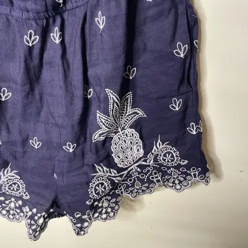 Farm Rio Navy Off the Shoulder Jackie Romper Long Sleeve White Eyelet Shorts XL