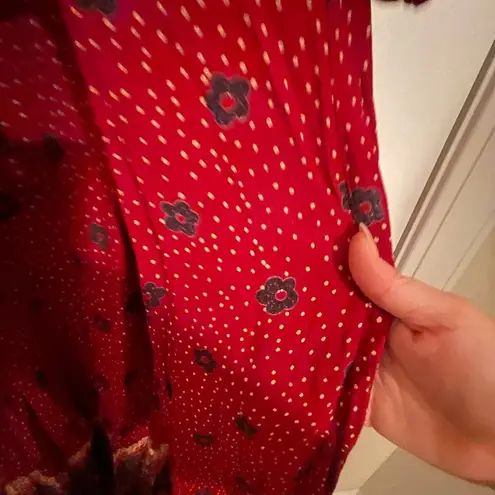 Vintage Red Patterned Boho Maxi Dress with Tie at Waist Size L Size L