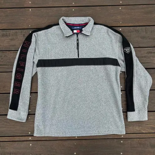 Tommy Hilfiger Grey Quarter Zip Fleece Sweater w/ Embroidered Logo and Striped Detailing on Sleeves