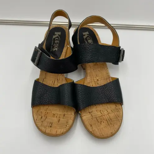 Kork-Ease Korks By Women Black Pebble Leather Chucky Cork Heel Sandals Size 8
