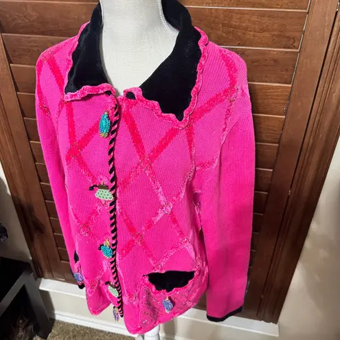 Jack B Quick Hot Pink Argyle Cardigan Sweater Beaded Purse Buttons Fun Artsy Size L