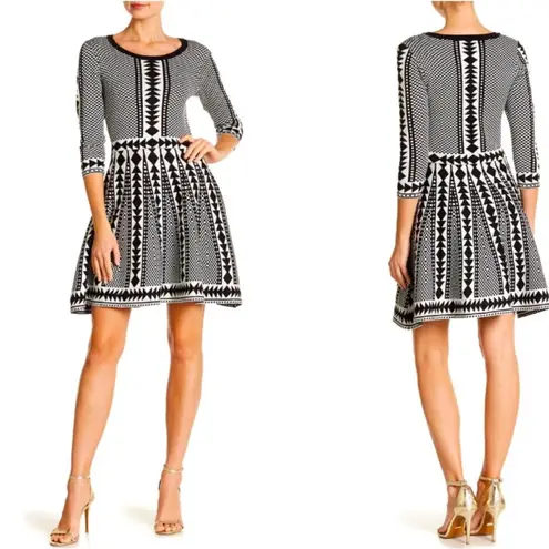 Nina Leonard Black and White Geometric Print Fit & Flare Sweater Dress NWT