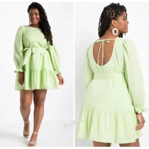 Eloquii NWT lime green long sleeve tie waist mini ruffle hem dress size 26