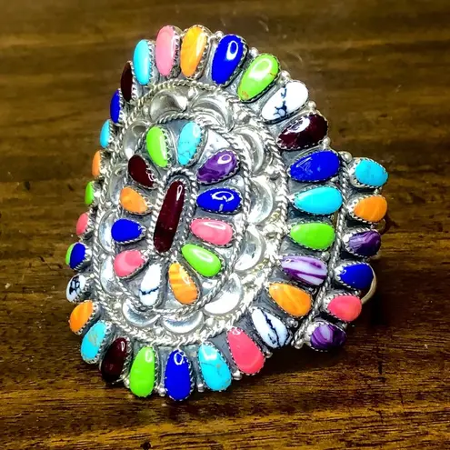 Sterling Silver Petit Point Gemstone and Handcrafted Native American Navajo Cuff