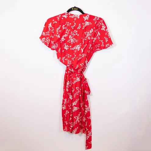 Rue Stiic Red White Floral Flower Micro Print Pattern Button Front Belted Dress