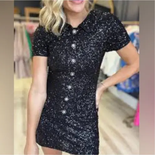 MABLE Anthropologie Black Sequin Mod Mini Dress Peter Pan Collar Party Small New
