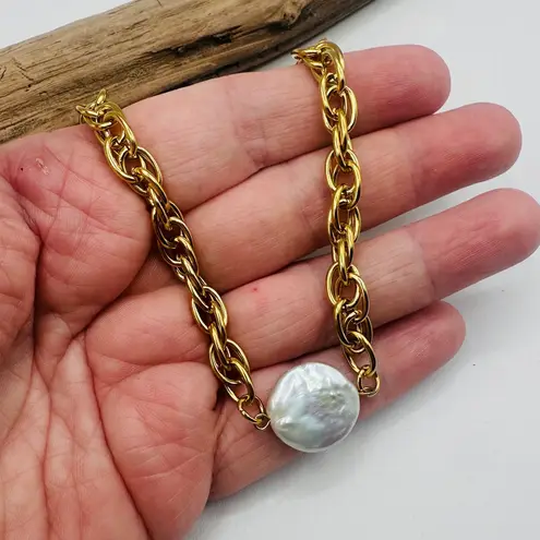 18K Gold Stainless Steel Coin Pearl Necklace