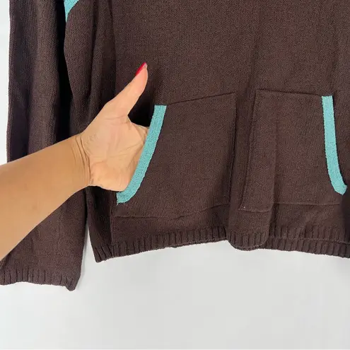 Ball Of Cotton Handloomed Color Block Knit Long Sleeve Split Neck Hoodie Brown Size L