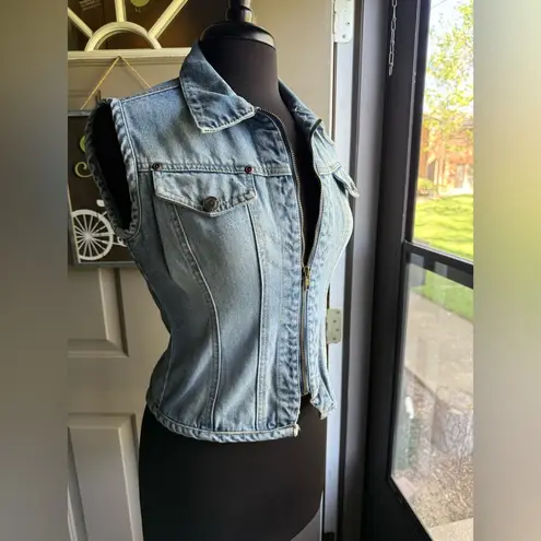 Vintage 90s Chazz zip front denim jean moto vest, size medium Blue