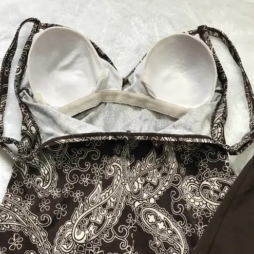 Jantzen Paisley Tankini Top Skirted Bottoms Womens 10 Brown White Two Piece