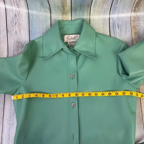 Sakowitz Vintage Trench Coat Jacket Sea Foam Green Vinyl Size 10 Belted Dagger