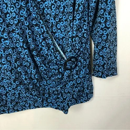 Sag Harbor Swirl Blue & Black Drape Front Long Sleeve Blouse XL