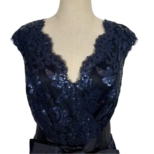 Tadashi Shoji Sequin and Tulle Lace Mermaid Gown Ribbon Tie in Navy 3T1430LX