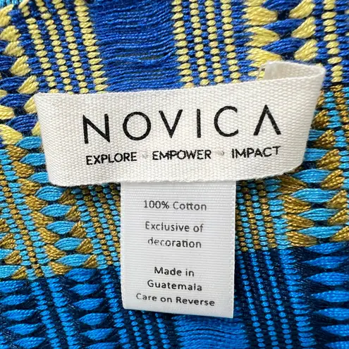 Novica Handwoven Cotton Scarf Guatemala Blue Green Yellow Plaid Artisan Fringe
