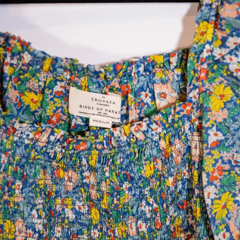 Trovata Birds Of Paradis Alize Cotton Floral Flower Print Smocked Blouse Shirt M