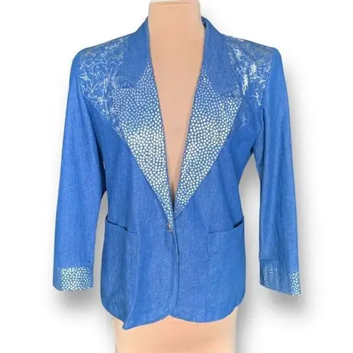 Vintage Jordana Petite Blazer Denim Silver Dots Abstract Art Oversized Western Blue Size undefined