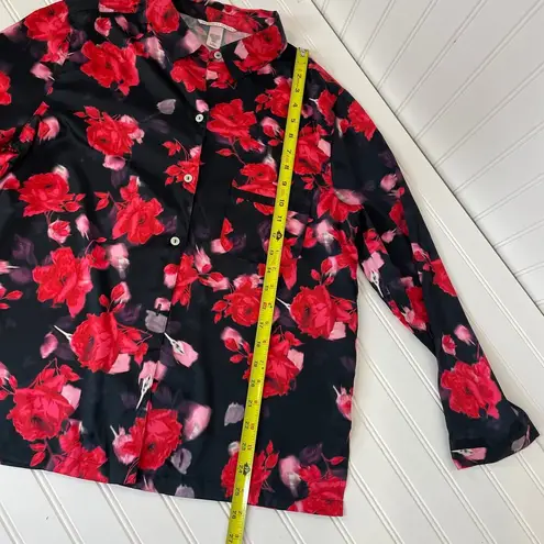 Victoria's Secret  Black & Pink Floral Long Sleeve Satin Button Pajama Top M