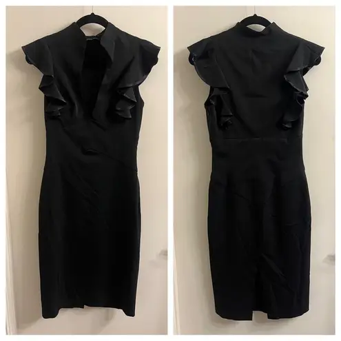 Black Halo Eva Ruffle Plunge Black Sheath Dress Size 4