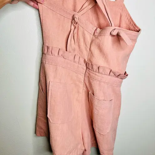 Saylor 100% Linen Romper SMALL Pink Square Neck Ruffle Tie Waist Feminine Woven