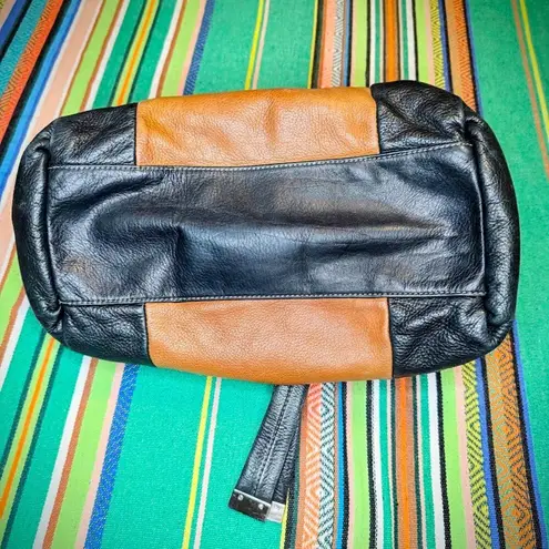 Vintage B. Makowsky Colorblock Leather Satchel Bag in Black Tan Cream & Silver