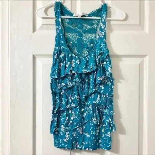 LC Lauren Conrad  Floral Blue Crochet Back Tiered Ruffle Tank Size XS