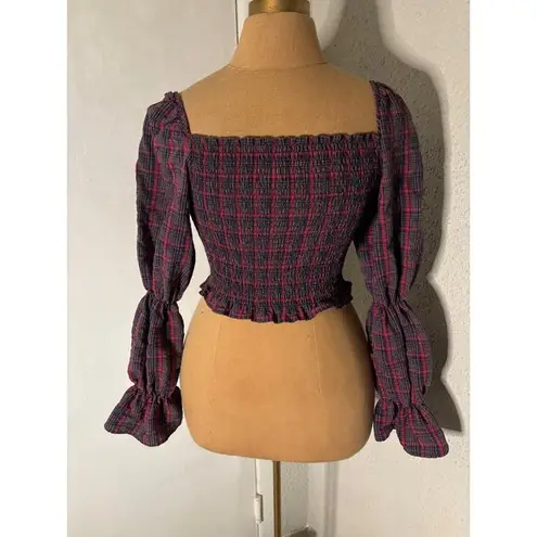 ZARA  Plaid Square Neck Crop Top Puff Sleeve XS Peasant Indie Cowgirl Western