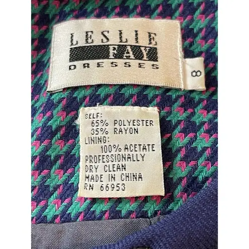 Leslie Fay Green Purple Pink Houndstooth 80s Button Up Blazer Dress 8