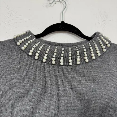 Talbots  Grey Mock Neck Pearl Beaded Neckline Sweater Womens M Preppy Classic