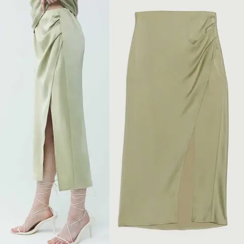 Oak + Fort Satin Midi Slip Skirt High Waisted Front Slit Bias Cut Elm Sage Green