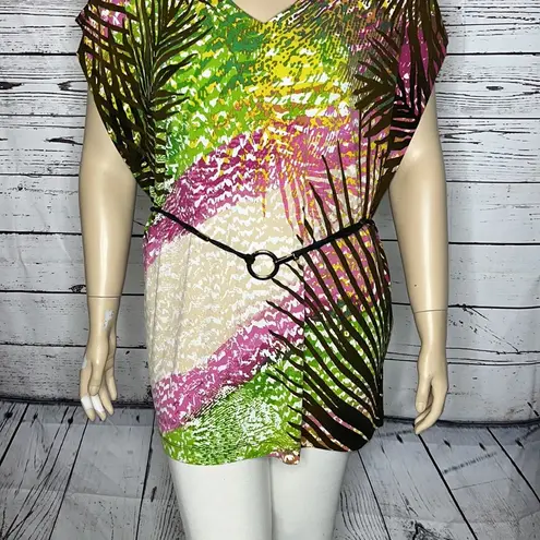 Dana Buchman Size XL Tropical Palm Leaf Printed Tunic Blouse w/ Braided Tie Belt