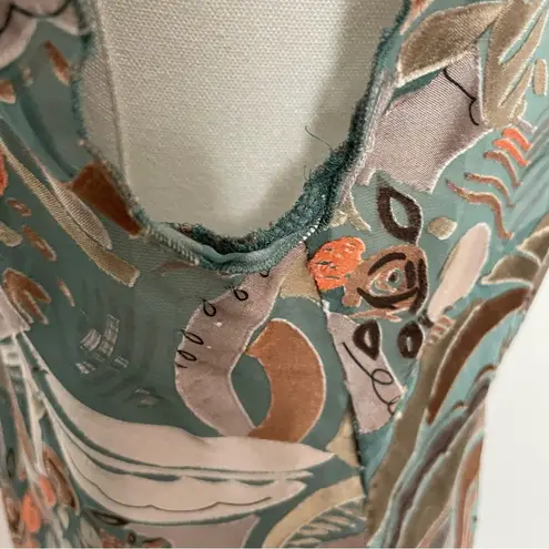 Marks & Spencer Top 100% Silk Abstract Art To Wear Floral Bird Scoop Neck Green Size L