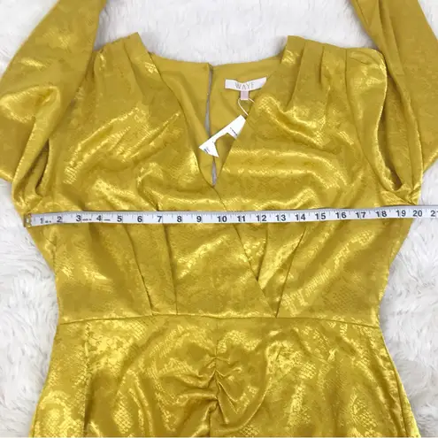 WAYF Yellow Gold Snake Print Long Sleeve Mini Dress Ruched Low Cut Large New
