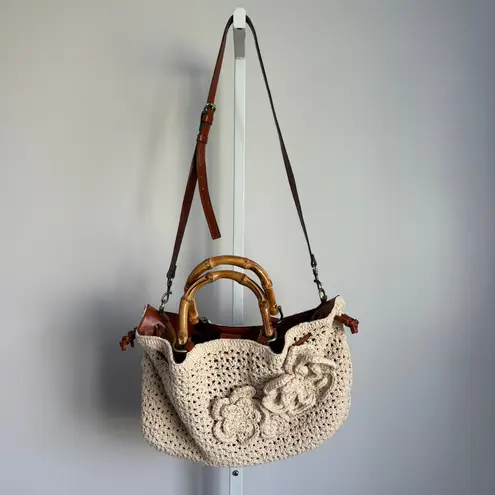 Patricia Nash Crochet Floral Applique Bamboo Handle Leather Trim Tote Bag