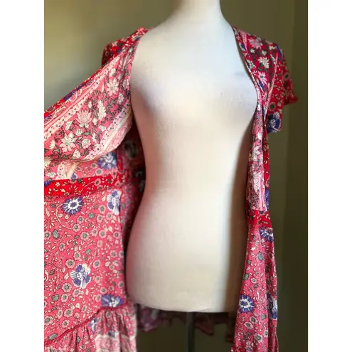 Bohemian Red Floral Wrap Mini Dress Short Sleeve Tiered Ruffle Belted cottage sm