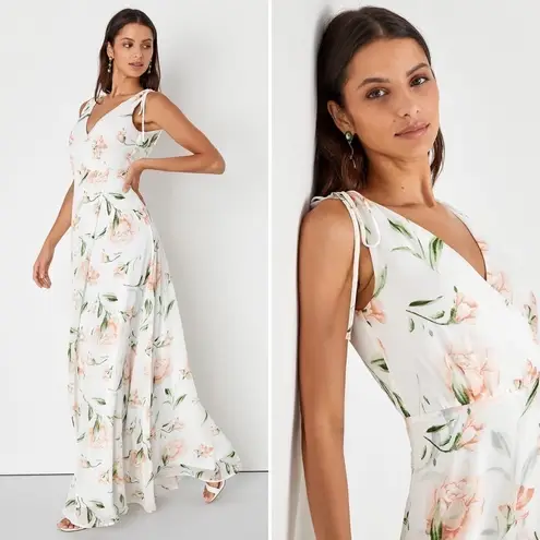NWT Lulus Romantic Possibilities‎ White Pink Floral Print Maxi Dress Size Large