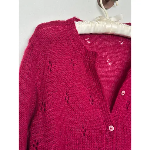 Handmade Gorgeous Knit Berry Red Wool Cardigan Pointelle Fits like Medium