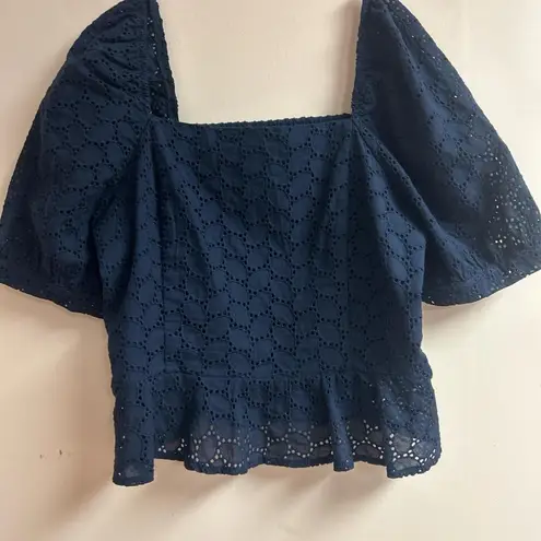 Draper James Navy Blue Puff Sleeve Square Neckline Peplum Hem Eyelet Top size M