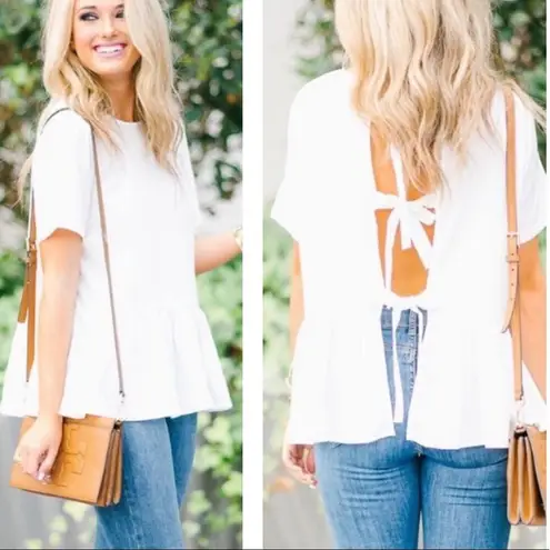 Hinge White Triple Tie Back Blouse Size Small Peplum Chic