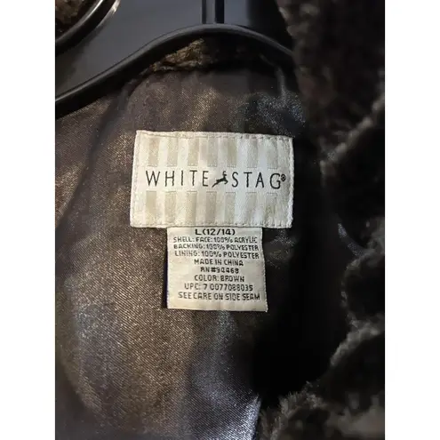 White Stag Faux Fur Jacket Womens Large Brown Button Front Lined Pockets Warm