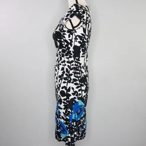 Vintage floral print black white, square neck, bubble short sleeve sheath dress Size XXS