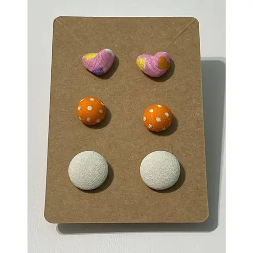 None Fabric Covered Button Earring Stud Set Round Pink